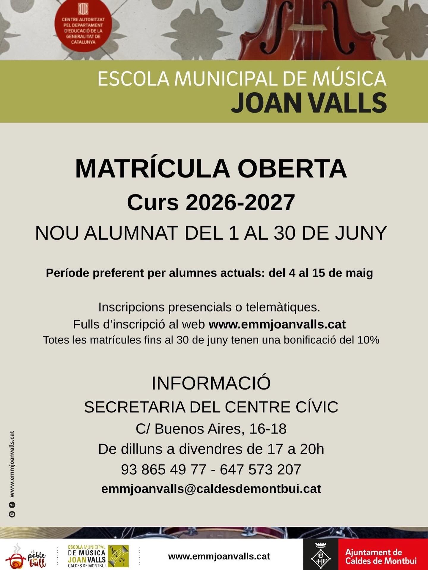 ➡️ La setmana vinent comença el període de matriculació pels alumnes actuals de l’escola 

➡️ A partir del dia 1 de juny s’obren les matrícules pel NOU ALUMNAT!